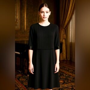 Brooks Brothers Black Pleated Knee Length Midi Dress Satin Trim Elegant Size 10